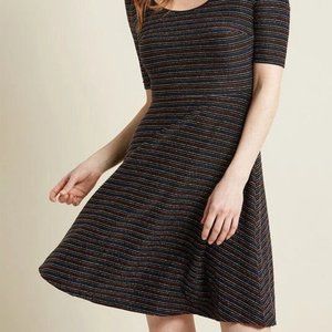NEW no tags ModCloth Striped Glitter Sparkle Rainbow Skater Dress Sz M stretchy